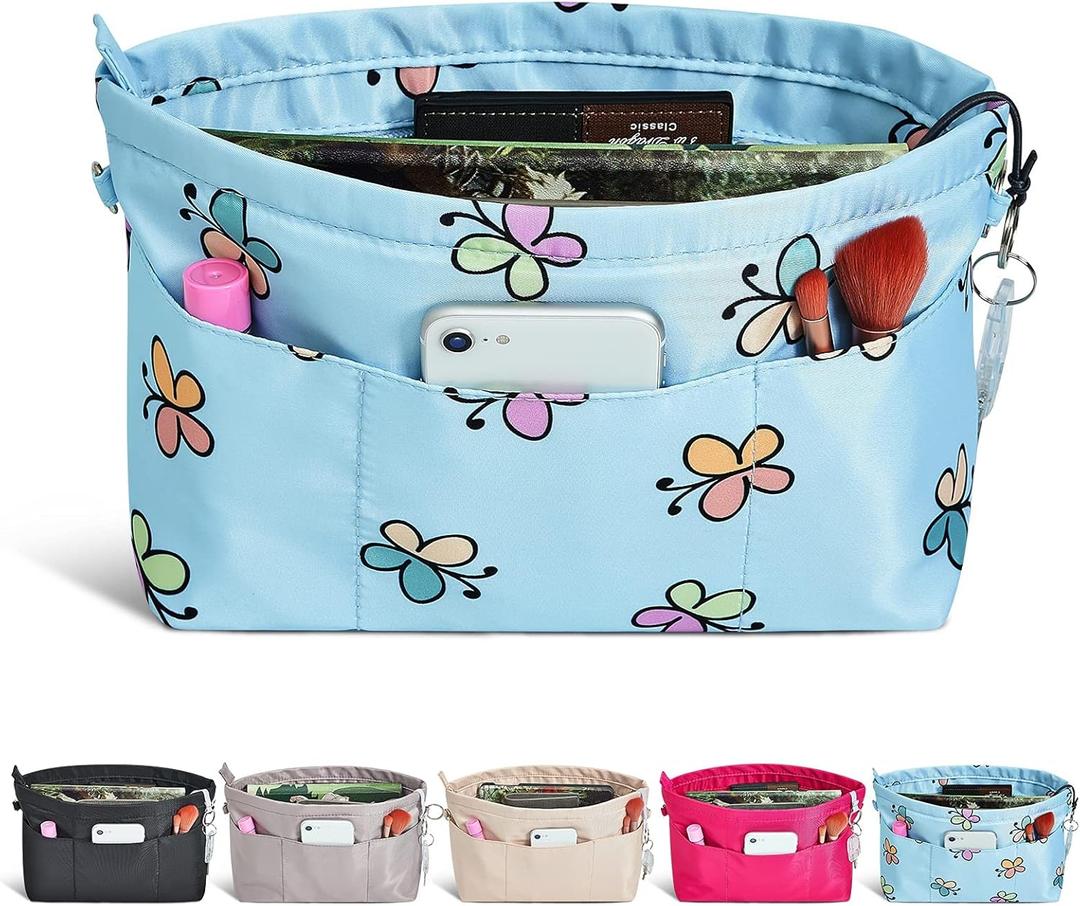 Vercord Premium Nylon Purse Organizer Tote Handbag Insert Organizers Bag in Bag Zipper 13 Pockets 5 Sizes (X-Large, Blue Butterfly)