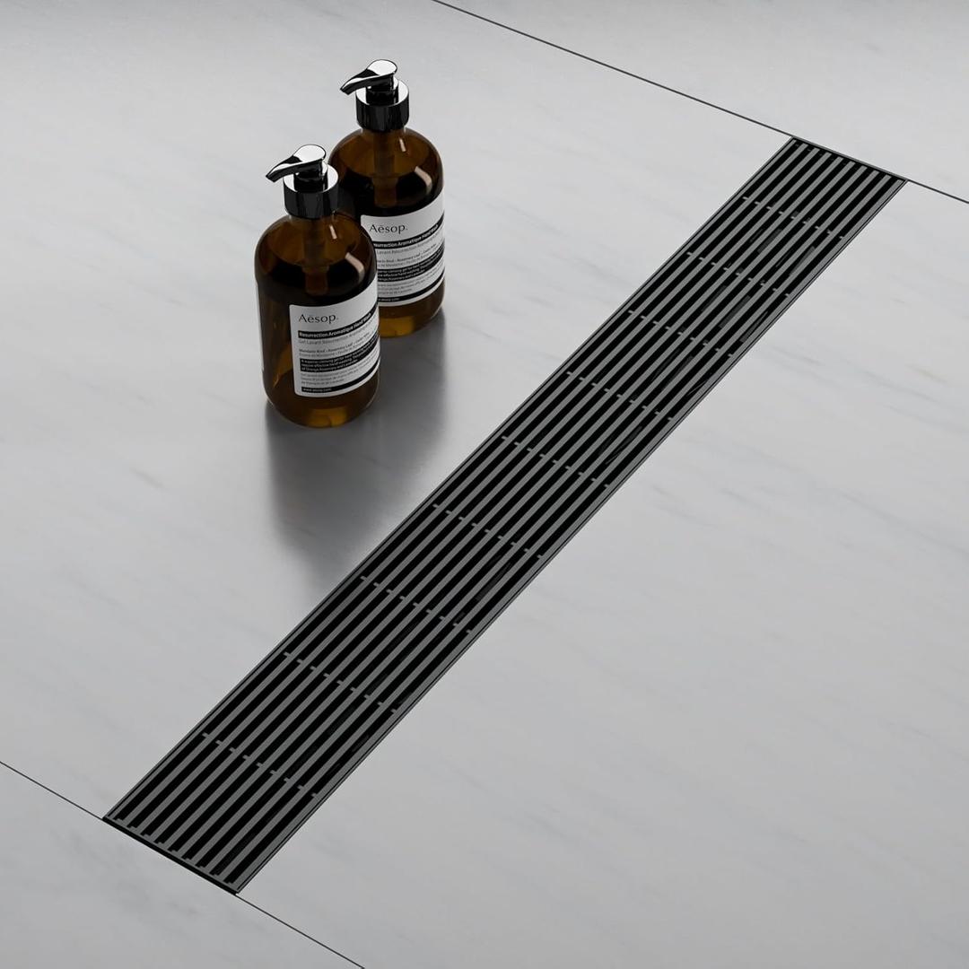 Black Linear Drain 24 Inch, Upgraded Linear Shower Drains with Wedge Wire Cover, Rectangle Shower Floor Drain Fast Drainage for Bathroom with Accessories
