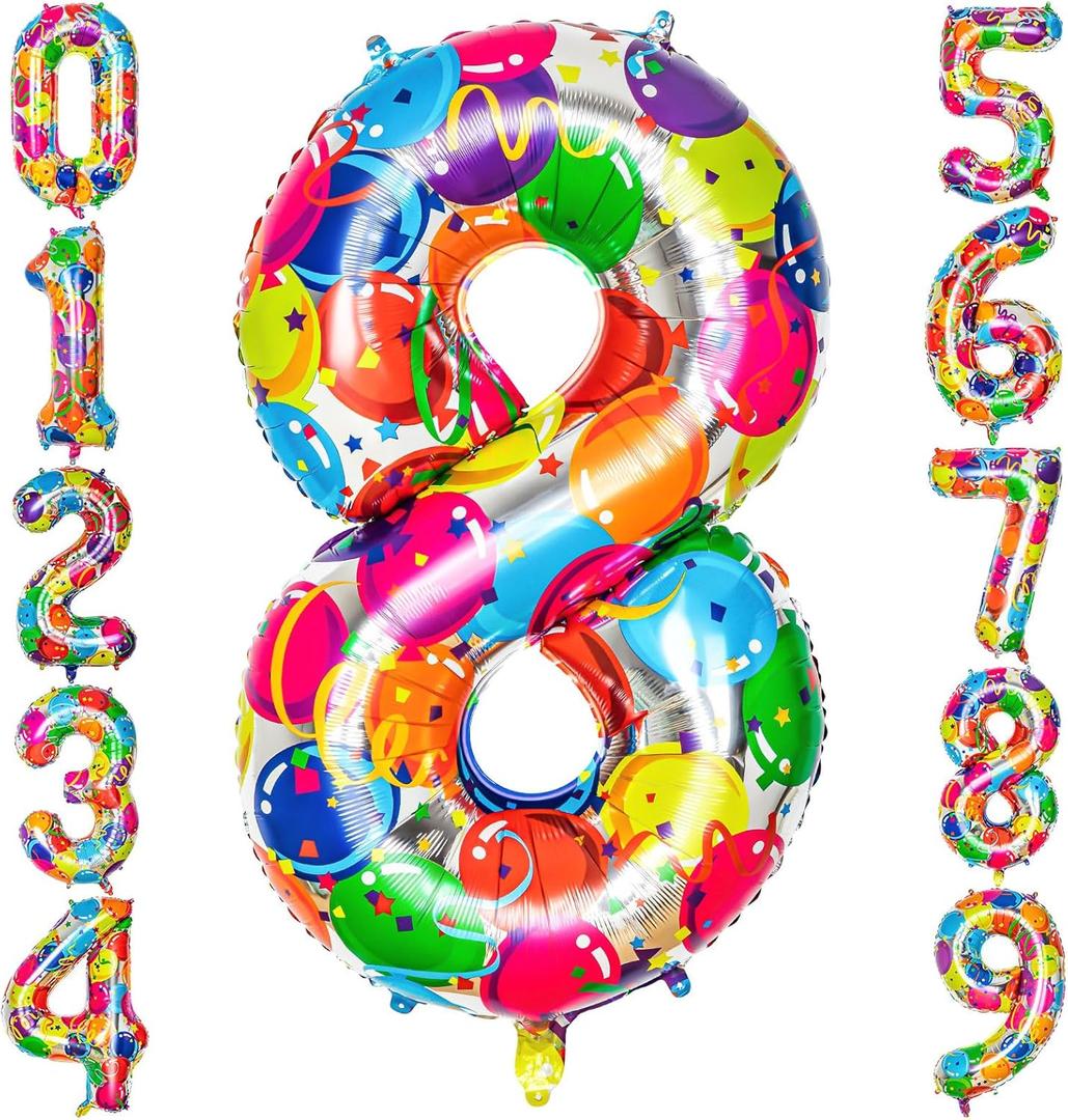 2Pack Rainbow Number 8 Balloon, 40 Inch Large Colorful Foil Number Balloons Eight Balloons for 8th Birthday, Huge Mylar Numbers 8 Year Old Birthday Party Supplies Balloons