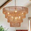 Large Rattan Chandelier 20in Boho Lighing Hand-Woven Coastal 4-Tier Pendant Light Fixtures 6-Light Gold Brown Chandeliers for Dining Room Restaurant Bedroom Kitchen Island Hallway