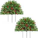 Outdoor Christmas Tree Urn Filler 2 Set, Pre-lit Artificial Flocked Xmas Tree with Cones & Red Berries, Small Christmas Tree with 70 Warm Lights (Green)