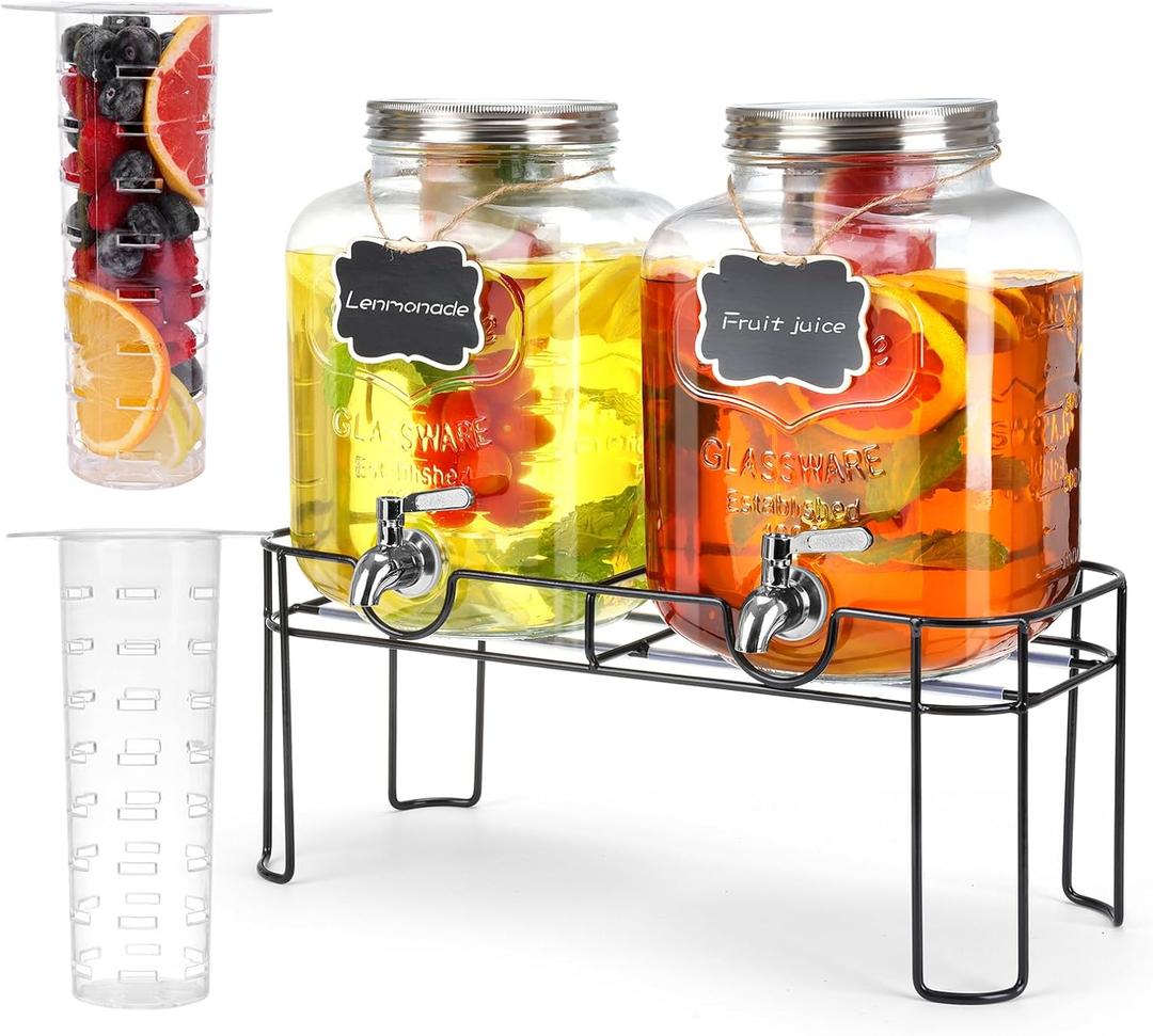1.6 Gallon Glass Drink dispenser, 2 PCS Beverage Dispenser With Stand, Lemonade Dispenser with Stainless Steel Spigot,Drink Dispensers for Parties,Weddings, Picnic