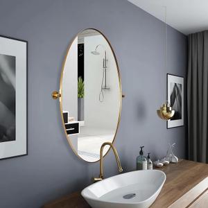 MOON MIRROR Gold Oval Mirror, Oval Pivot Mirror for Bathroom, Brass Oval Vanity Mirror for Wall, Oval Mirror for Bathroom, Brushed Gold Tilting Bathroom Pivoting Mirror(Overall 25.37" x 30")