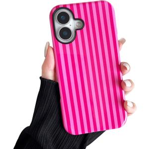 Compatible with iPhone 16 Case, Cute Fashion Aesthetic Striped Pattern Cover for Women, Shockproof Soft TPU and Hard PC Protective Phone Case for iPhone 16 6.1"- Hot Pink