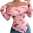 Women Floral Off Shoulder Tops,Mesh Long Sleeve and Ruched Slim Fit Going Out Top (M)