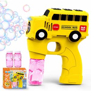 Kids School Bus Bubble Gun, Automatic Light Up Bubble Blower Machine for Toddlers, 2 Bubble Solutions Included, Outdoor Toys for Boys Girls 3-8, Easter Christmas Birthday Party Gifts