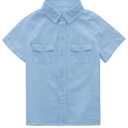 Makkrom Boys Button Down Short Sleeve Linen Shirts Casual Summer Beach Lapel Collar Top Shirts Blue (Blue)