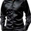 AOTORR Men's Luxury Shiny Silk Like Satin Button Up Dress Shirts Slim Fit Long Sleeve Nightclub Party Disco Prom Shirts (XX-Large, Black)