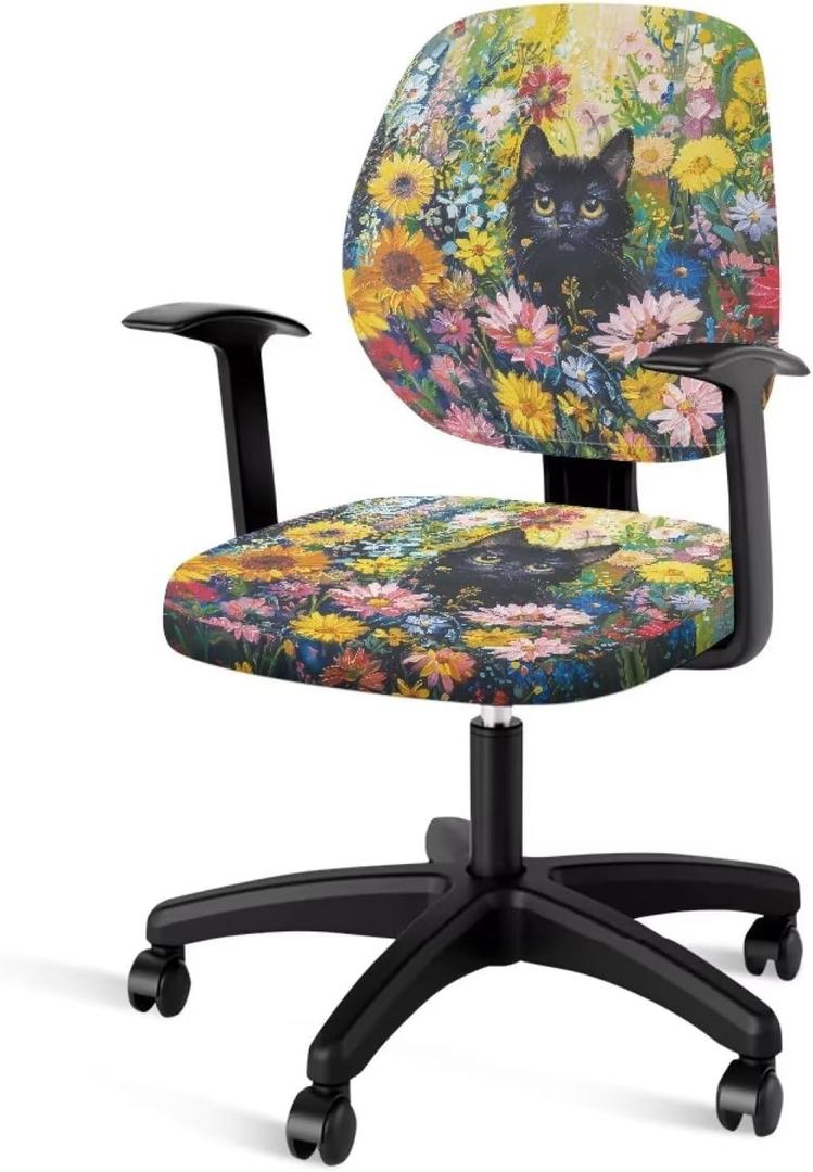 Talayituse Cat Daisy Flower Print Computer Office Chair Cover, Stretchable Chair Covers, 2 Pieces Anti-Dust Chair Protective Slipcover, Universal Chair Slipcover Protector