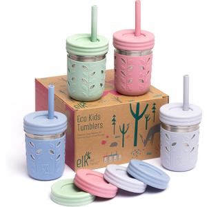 Elk and Friends 10oz Stainless Steel Kids + Toddler Drinking Cups | The Original Mason Jar with Sleeves + Lids | Silicone Straws | Smoothies | Storage Jar | Spill Resistant | Dishwasher Safe | 4 Pack (Sage/Blush/Misty Blue/Lilac)