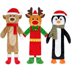 3 Pack Christmas Squeaky Dog Toys, Plush No Stuffing Toy for Dog Puppy, Durable Chew Bite Toys for Small Medium Large Dogs, Interactive Xmas Reindeer, Penguin, Bear for Aggressive Chewers