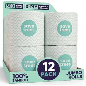 Save Trees Bamboo Toilet Paper - 12 Rolls Of Organic Toilet Paper, 3-ply, 300 Sheets Per Roll - PFAS Free, FSC Certified, Plastic Free, Vegan & Chemical Free Bamboo TP