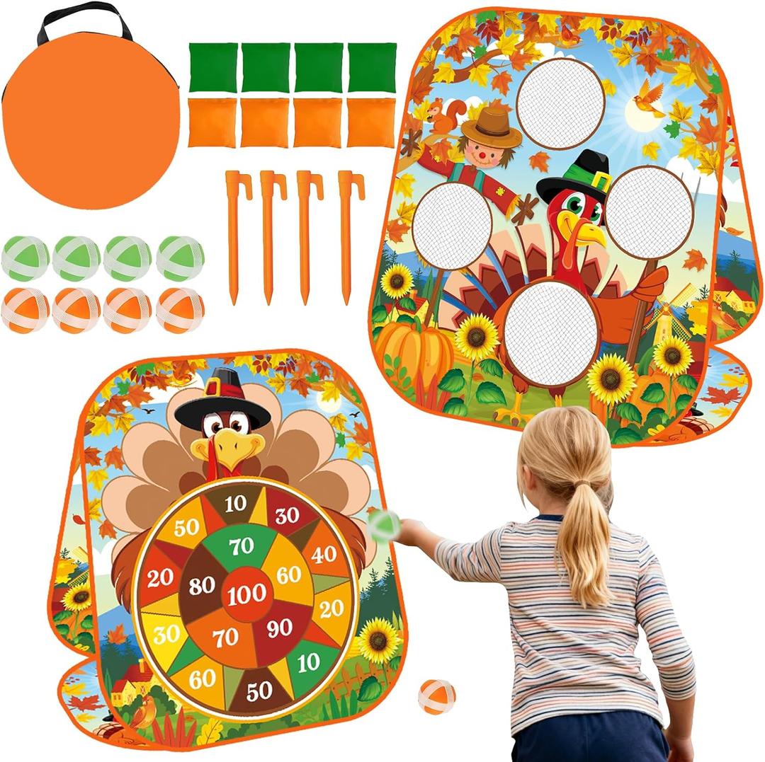Thanksgiving Bean Bag Toss Games,Fall Turkey Double-Sided Portable Collapsible Dart Board Outdoor Indoor Yard Games Thanksgiving Party Supplies
