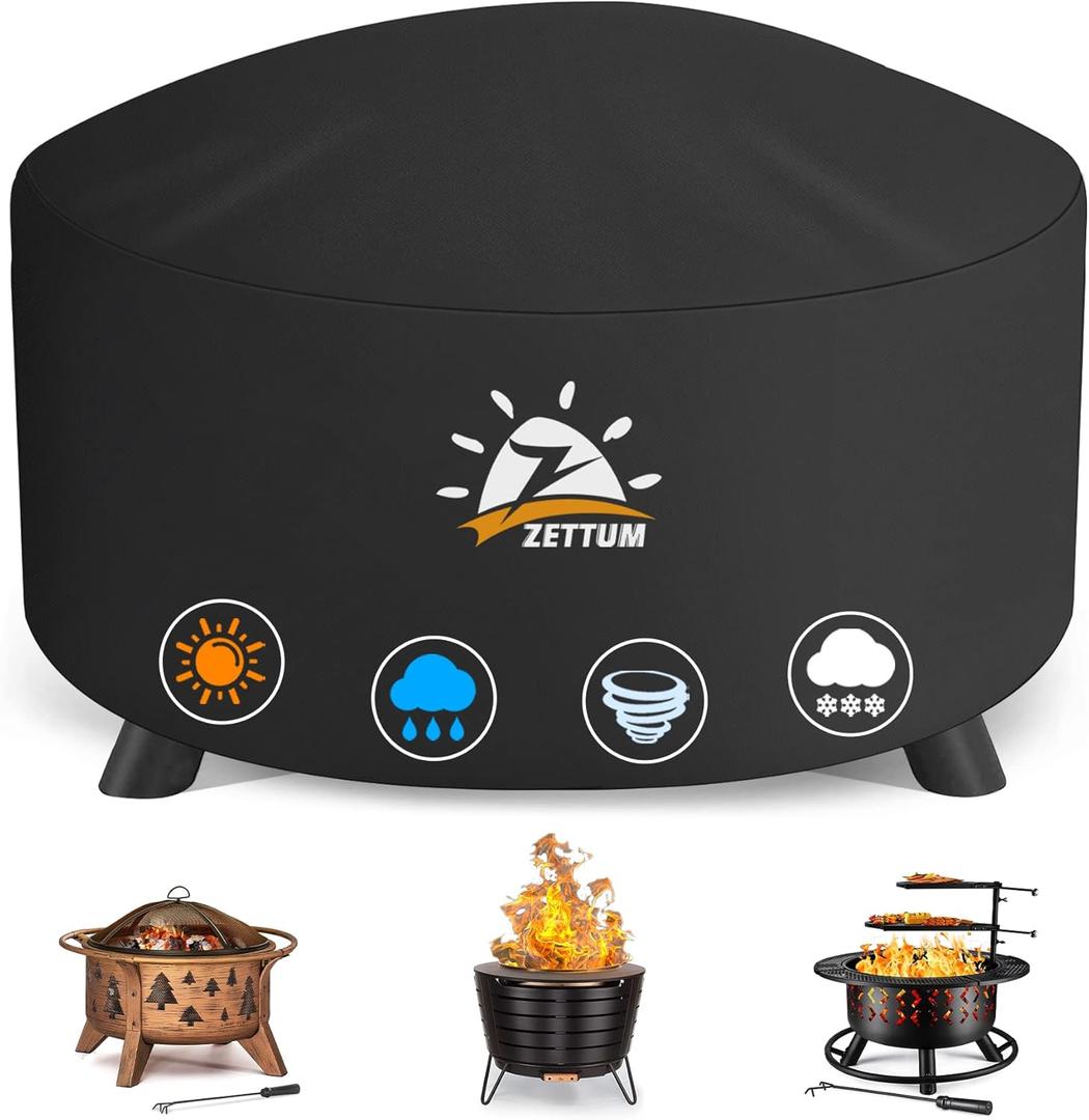 Zettum Fire Pit Cover Round 44 Inch - Outdoor Firepit Cover Heavy Duty & Waterproof, 600D Patio Fire Table Cover Gas Fire Pit Accessories Fade & Weather Resistant - 44 x 44 x 24 Inch