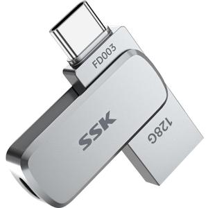 SSK 128GB Flash Drive USB C Thumb Drive up to 240 MB/s, Dual USB FlashDrive USB-C and A 3.2, Zinc Pendrive Memory Stick for iPhone 15/16Pro/Win/Android OTG with Water, Dust, and Drop Resistance