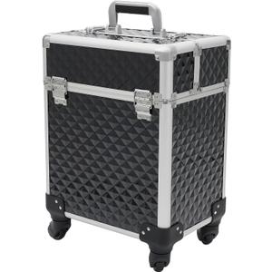 Black Rolling Makeup Train Case, Makeup Train Case with 4 Wheels, for Traveler, Stylist, Beauty, Salon, Makeup Artist, Lipstick Nail Polish Makeup Organizer Case Storage Box Luggage