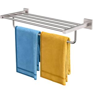 RUACQ Double Towel Racks for Bathroom 24 Inch, Square Base Towel Rack with Towel Bar, SUS304 Stainless Steel 2-Tier Towel Shelf for Hotel and Home, Wall Mounted (Brushed Nickel)