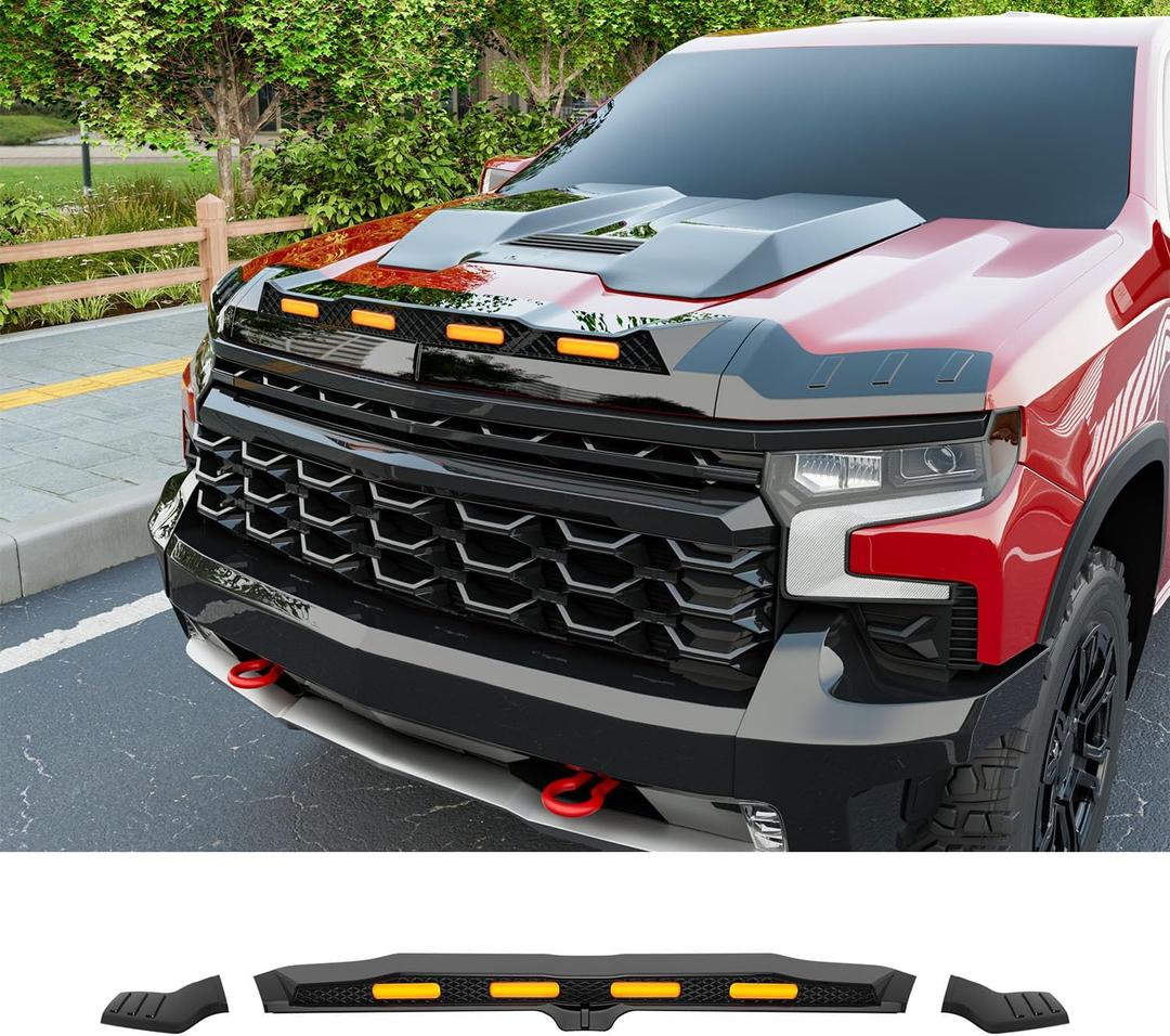 Hood Protector with LED Light Compatible with 2019-2026 Dodge RAM 1500 Hood Deflector Glossy Black Three Section Lightshield Replacement for 2019-2026 Dodge RAM Accessories