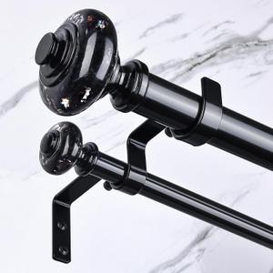 Black Double Curtain Rods for Windows 72 to 144 Inch, 1 Inch Adjustable Decorative Crystal Long Dual Curtain Rod, Heavy Duty Vintage Double Drapery Pole with Black Foil Finial for Living Room