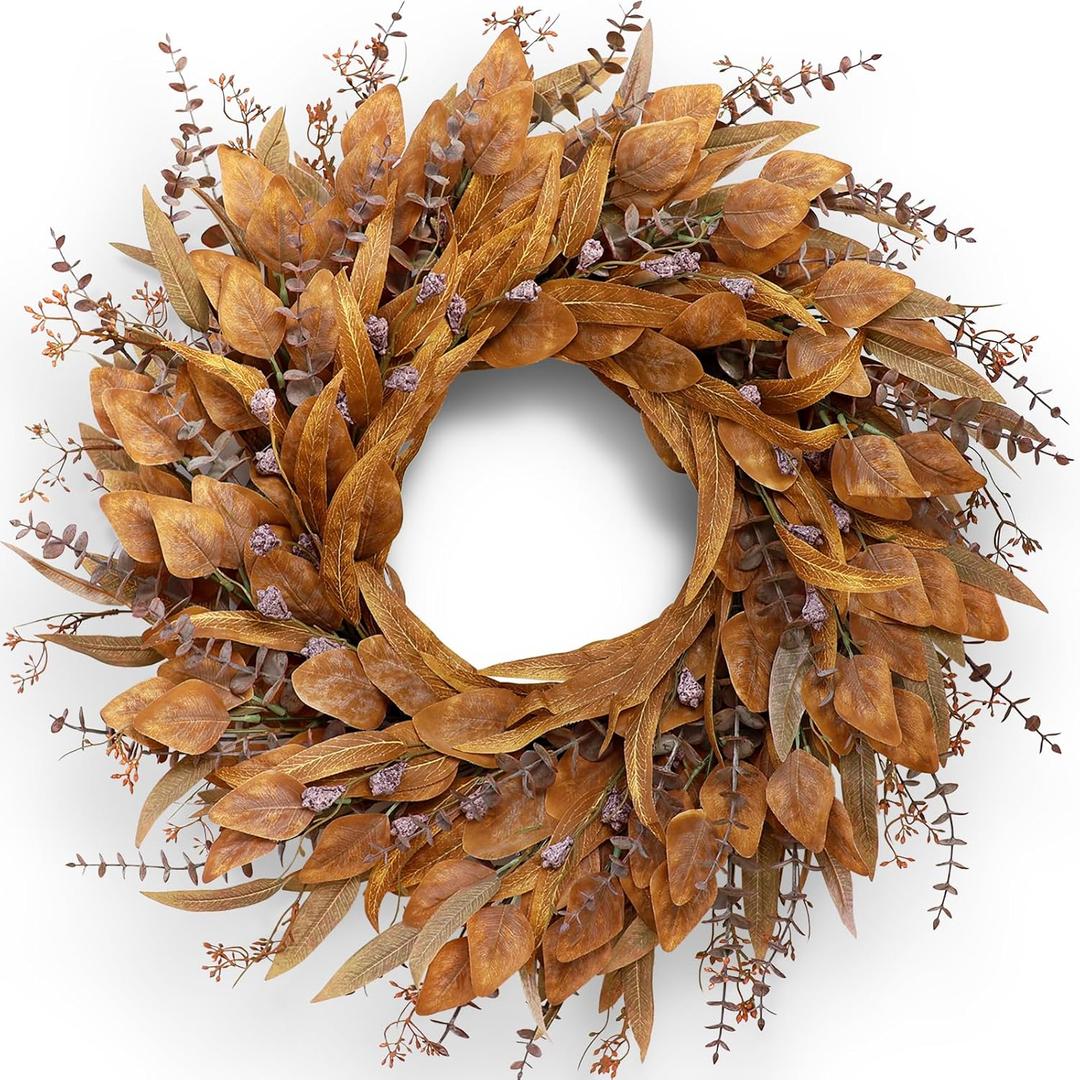 26" Artificial Fall Eucalyptus Wreath with Seeds for Front Door 3 Different Shape of Eucalyptus Leaves,Large Size,Full & Vivid,for Autumn Porch Wall Window Fireplace Farmhouse Harvest Decor