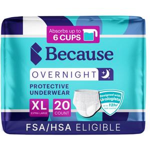 Because Overnight Absorbency Pull Ups - Adult Disposable Incontinence Underwear, Extra Absorbent Nighttime Briefs for Men and Women, White, XLarge, 20 Count