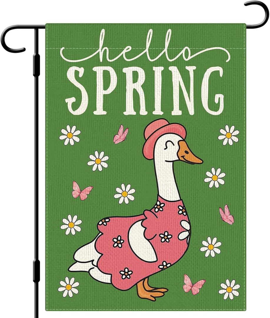 DLZDN Spring Goose Floral Garden Flag 12×18 Inch Double Side Vertical Burlap Farmhouse Yard Sign Seasonal Outdoor Decoration