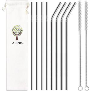 ALINK 8-Pack Stainless Steel Straws, 10.5 Long Reusable Replacement Metal Straws for 20 30 OZ Yeti Tumbler, RTIC, Tervis, Mason Jar, With 2 Cleaning Brush and 1 Carrying Case