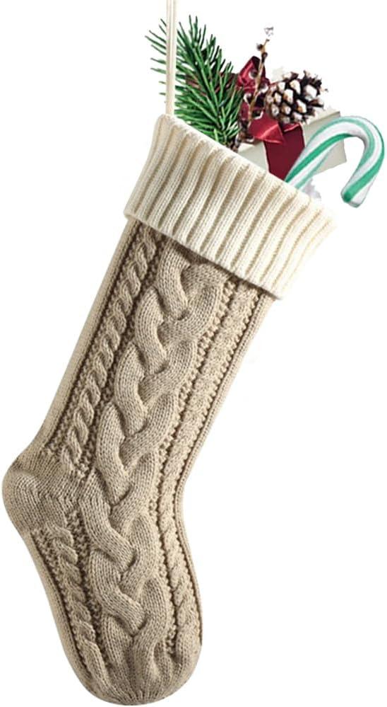Nanou Christmas Stockings 18" Knitted Christmas Socks Family Holiday Decorations Great Big Stockings for Gift to Family, Friends and Kids (Flaxen(Body)+Ivory(Mouth), Length 18",Pack 1)