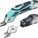 Cordless Electric Scissors for Cutting Fabric, Cardboard, Box Cutter, Carpet. Power Shears for Sewing, Scrapbooking, Crafting (2pc Battery, 2pc Blade - Lower Noise) (Turquoise Green (With X2 Battery))