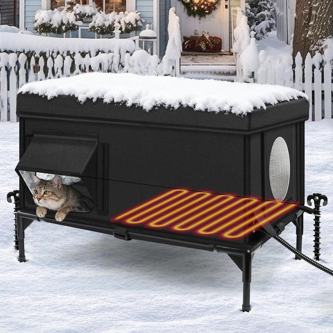 Heated Outdoor Cat House Weatherproof with Heating Pad, Heated Cats House for Outside, Insulated Feral Cat Houses for Outdoor Cats with Safe Escape Door, Elevated Outside Stray Cats Shelter (L) 
