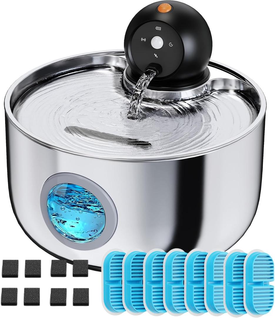Cordless Cat Water Fountain Wireless: Battery Powered Pet Water Fountains for Cats Indoor - 2.6L Rechargeable Kitty Water Fountain Stainless Steel with Water Level Window - 8 Filters & 8 Sponges