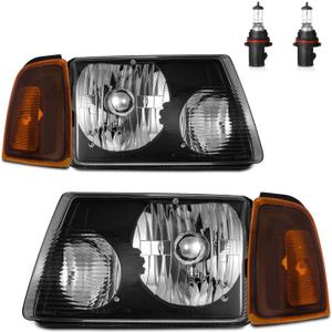 Headlights for 2001-2011 Ford Ranger 6L5Z13008BA/6L5Z13008AA | Halogen Headlamp Replacement with High Low Beam Bulbs, Black Housing, Driver & Passenger Side