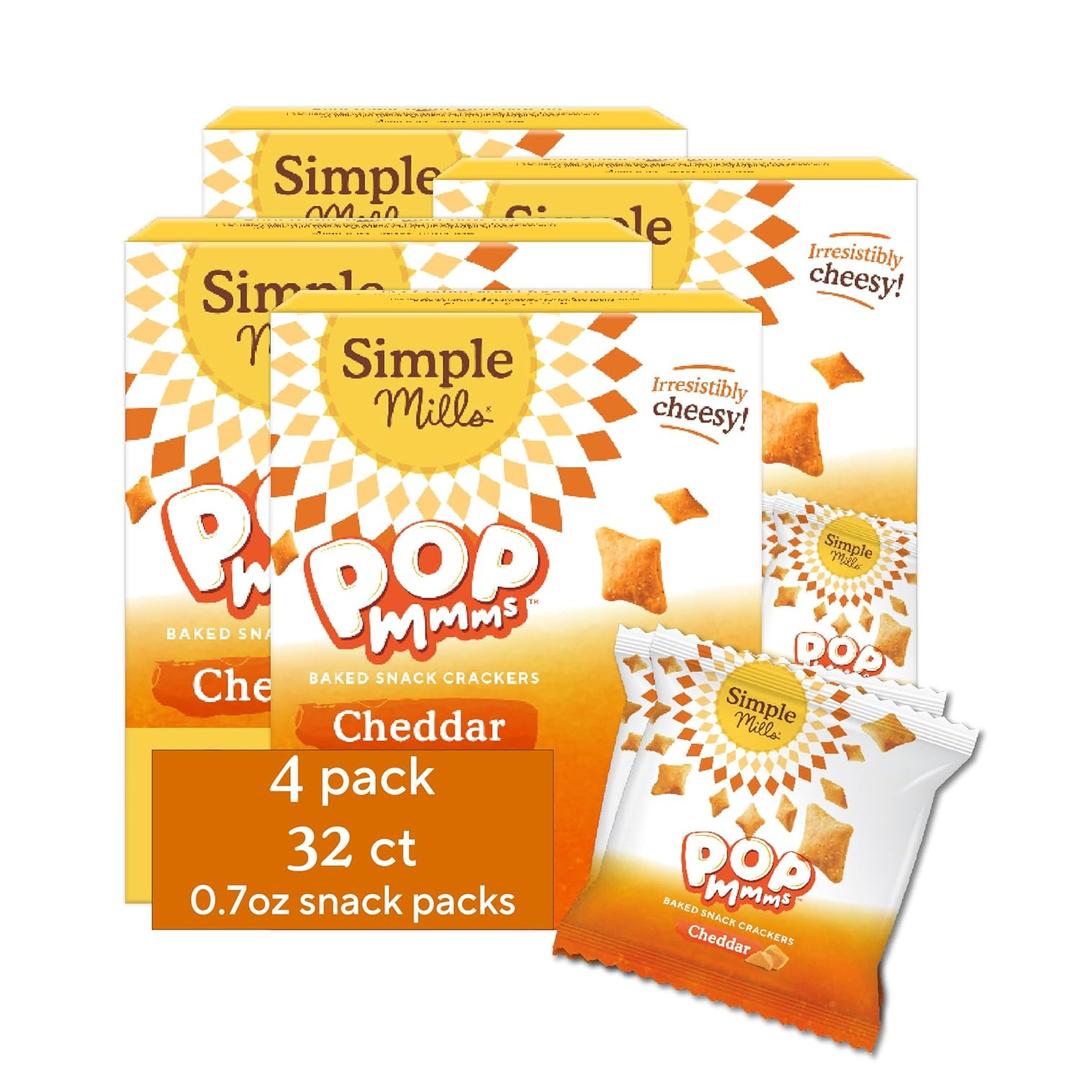 Simple Mills Pop Mmms Cheddar Baked Snack Pack Crackers, Healthy Snacks for Kids, Individual Packs, Gluten Free, 8 Ct (Pack of 4), Best By 31 2026 