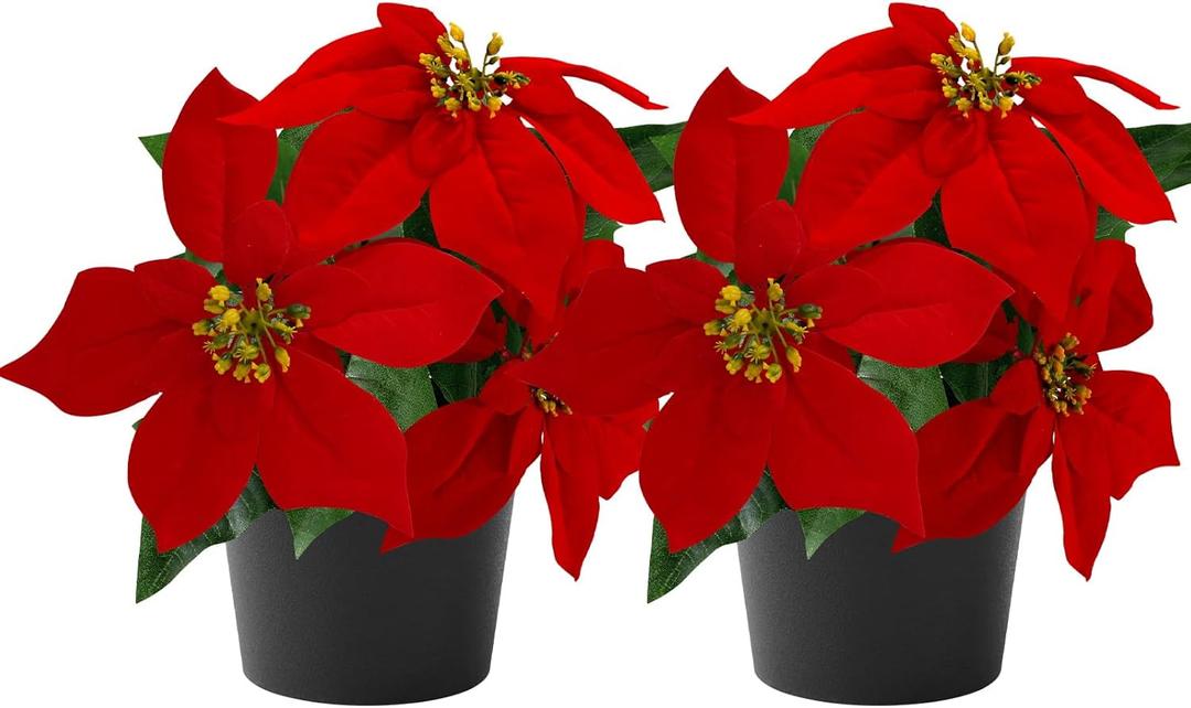 Mini Poinsettias Artificial Plants 2 Pack 9" Faux Small Christmas Flowers in Pot for Home Office Tabletop Indoor Christmas Decorations Red