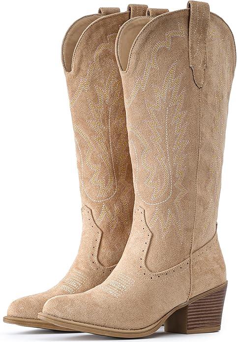 IUV Suede Cowboy Boots For Women Chunky Heel Pointed Toe Cowgirl Boots Mid Calf Western Embroidery Boots, Size:6.5