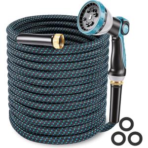 Non-Expandable Garden Hose – Ultra Lightweight & Leak-Proof Kink-Free Water Hose with 10-Function Spray Nozzle – Wear-Resistant Hybrid Hose for Yard, Lawn, Car Wash & Outdoor Use - 20Ft