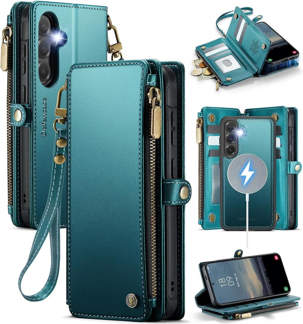 Defencase for Galaxy S25 Magnetic Wallet Case Compatible with Magsafe with RFID Blocking Zipper & Card Holder for Women Men, PU Leather Detachable Phone Case for Samsung Galaxy S25 6.2", Blue Green