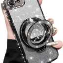 Changjia Glitter Kickstand Case for iPhone 17e/iPhone 16e,Cute Bling Sparkly Diamond Rhinestones with Camera Protector Liquid Flowing Ring Stand Soft TPU Women Girls Case for iPhone 17e/16e 6.1",Black