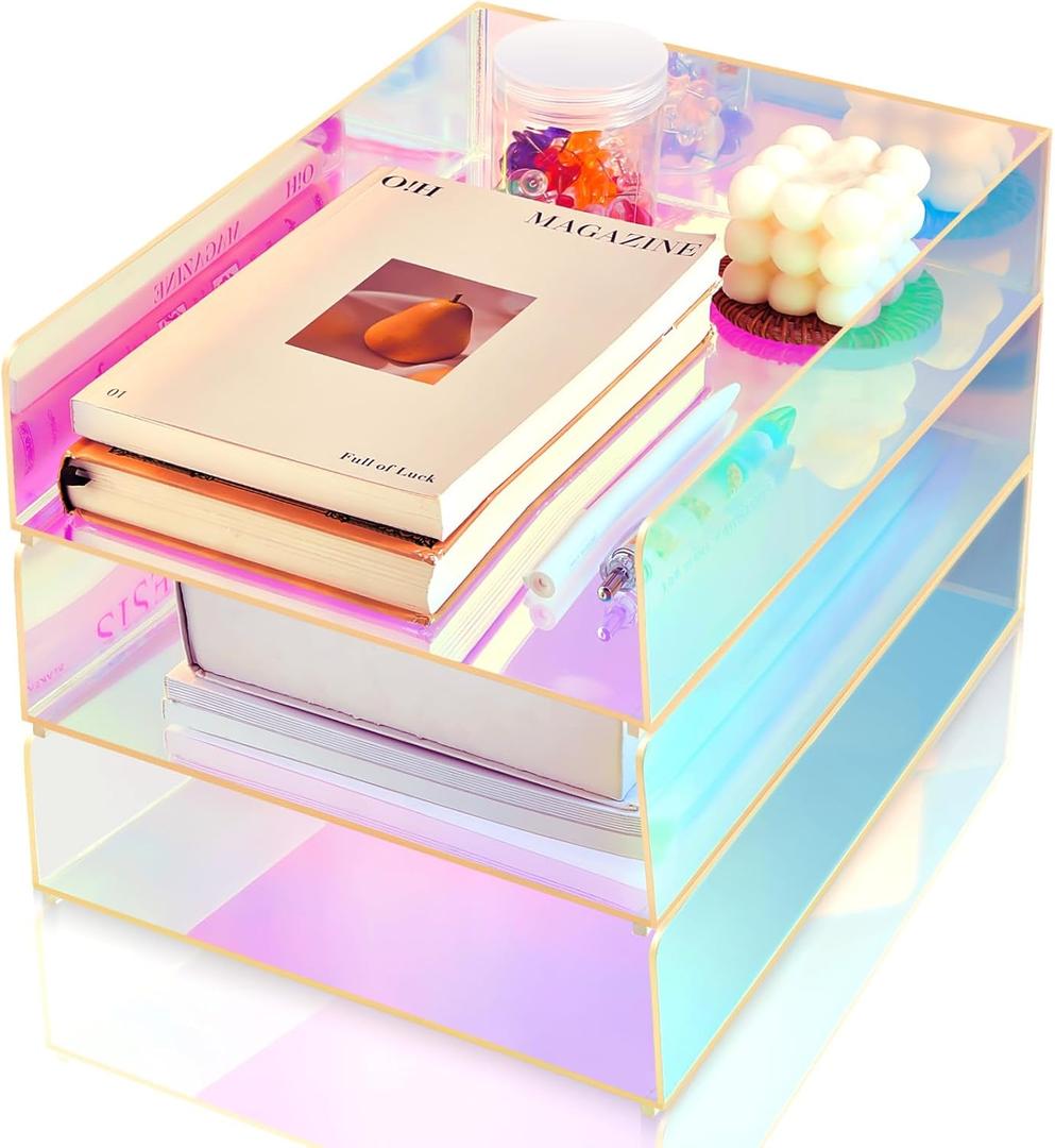 Suzile 3 Pcs Iridescent Acrylic Letter Organizer 12.6 x 9.5 x 2.8 Inches Stackable Iridescent Acrylic Letter Tray Paper Tray for Desk File Document Folder Notebooks Stationery Office Accessories