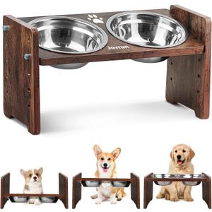 Elevated Dog Bowls, Adjustable Raised Dog Bowl Stand for Small Size Dogs and Cats, Durable Bamboo Dogs Feeder with 2 Stainless Steel Bowls and Non-Slip Feet, Pet Food Bowl for Small Sizes (Rustic Brown)