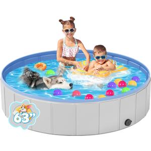 YSJILIDE Portable Dog Pool PVC Pet Swimming Pool Bathtub Collapsible Dog Pool, Hard Plastic Pool for Pets to Swim and Bath (XL-63"x 12" Light Grey)