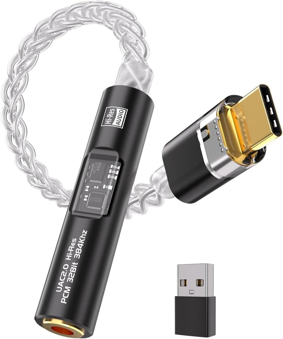 USB C to 3.5mm Audio Adapter with Dual Chip CX31993 MAX97220 DAC & HiFi Amplifier, 8-Strand 4N Single Crystal Silver-Plated Copper Cable,USBC to Headphones Aux Dongle for Android iPhone PC Mac (Black)