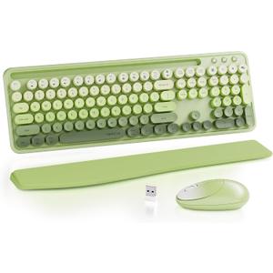 UBOTIE Wireless Keyboard and Mouse Combo with Phone Holder and Wrist Rest, Round Colorful Keys, Power Switches, 2.4GHz USB Receiver, Full-Size QWERTY Layout for PC Laptop Green
