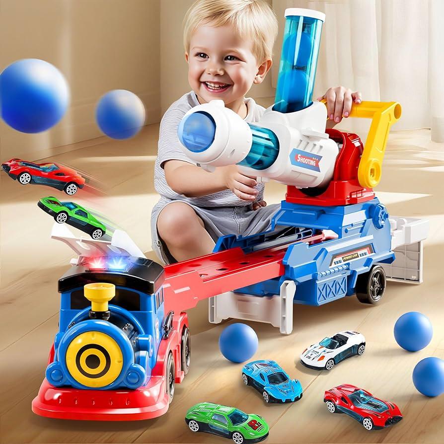 iPlay, iLearn Kids Launching Truck Toys for Boys Ages 35, Toddler Track Toy, 4 Mini Diecast Race Cars, Balls Shooting Game, Large Light Sound Carrier Train, Birthday Gifts for 46 7 8 9 Yrs Old Child
