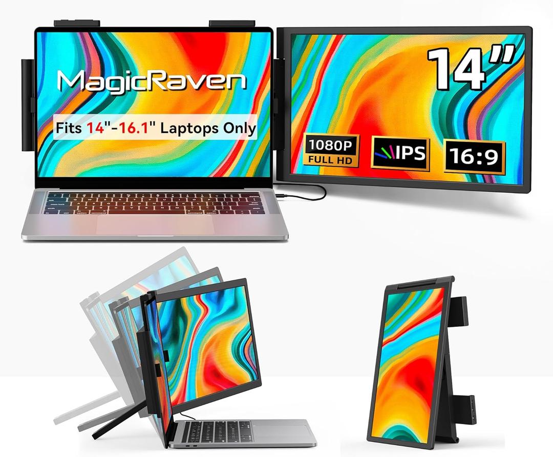 Laptop Screen Extender, 14" 1080P Portable Monitor, Type-C HDMI Plug and Play for 13.3" - 16.1" Laptops, 270 Rotation Attachment Display for Windows/MacOS/Chrome Laptop Phone