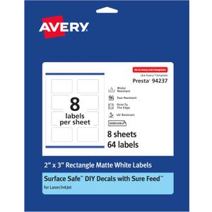 Avery Durable Removable Rectangle Labels, Sure Feed Technology, 2" x 3", Matte White Film, Water-Resistant, Print-to-The-Edge, Laser/Pigment-Based Inkjet Printable, 64 Total