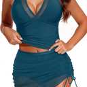Tankini Bathing Suit for Women - Two Piece Swimsuit with Skirt Tummy Control Swimwear Halter Mesh Swim Dress 2025 (X-Large, Teal)