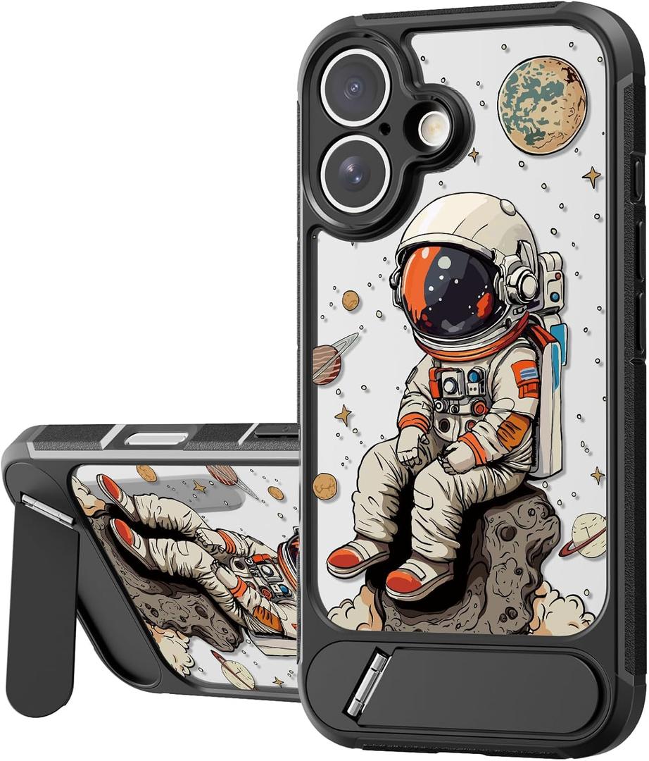 Bouvardia for iPhone 16 Case - Multi-Scenario Kickstand & Cosmic Astronaut Pattern - Compatible with Magsafe - Aesthetic Cute Design for Women and Girls