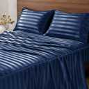 BEDELITE Satin Sheets Queen Size, Luxury Jacquard Striped Navy Bedsheets Set with Elastic Corner Straps, Similar to Silk Sheets Set 4 PC with 1 Deep Pocket Fitted Sheet, 1 Flat Sheet, & 2 Pillowcases