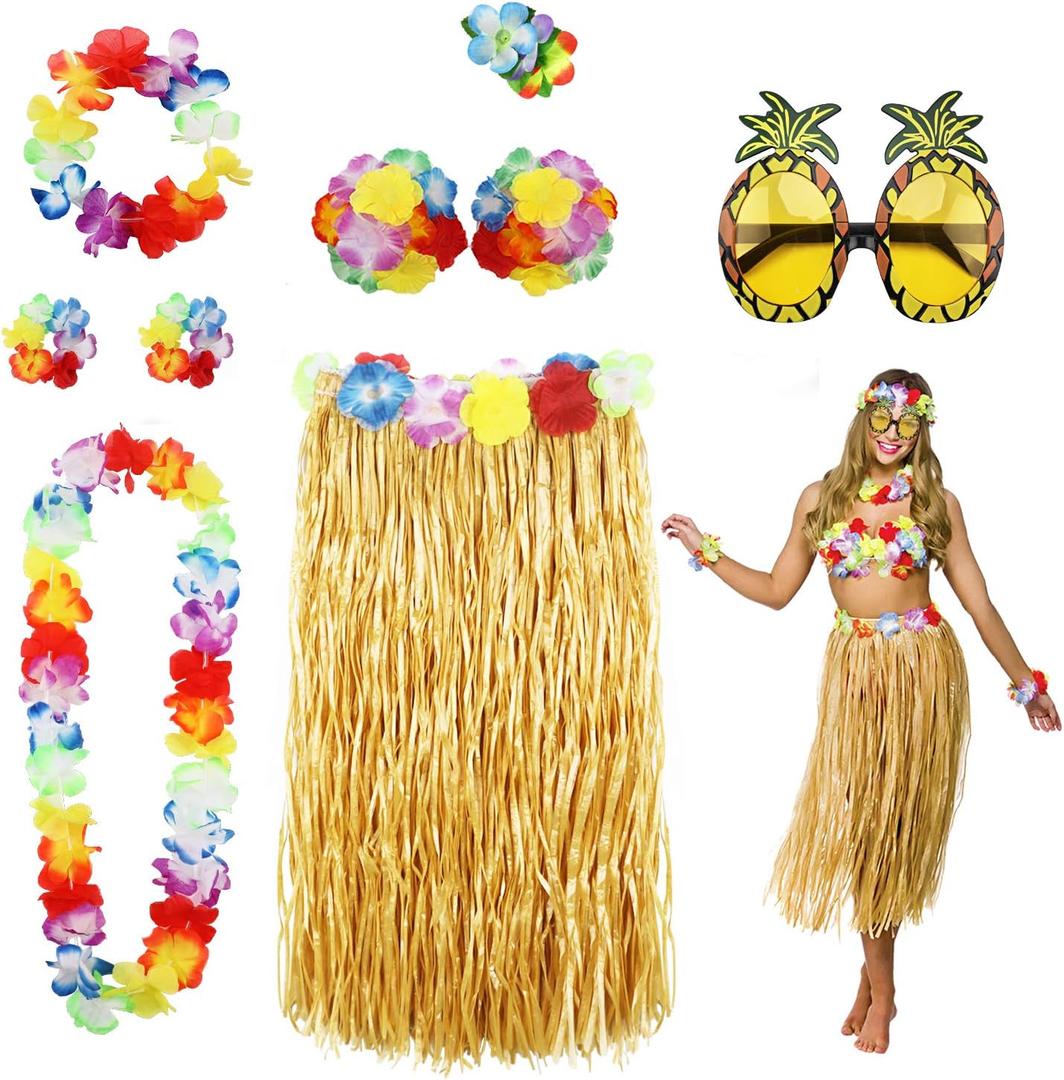 PHOGARY 8 Pack Hula Skirt Costume Kit for Hawaii Luau Party - Dancing Hula with Flower Bikini Top, Hawaiian Lei (Colorful-yellow)